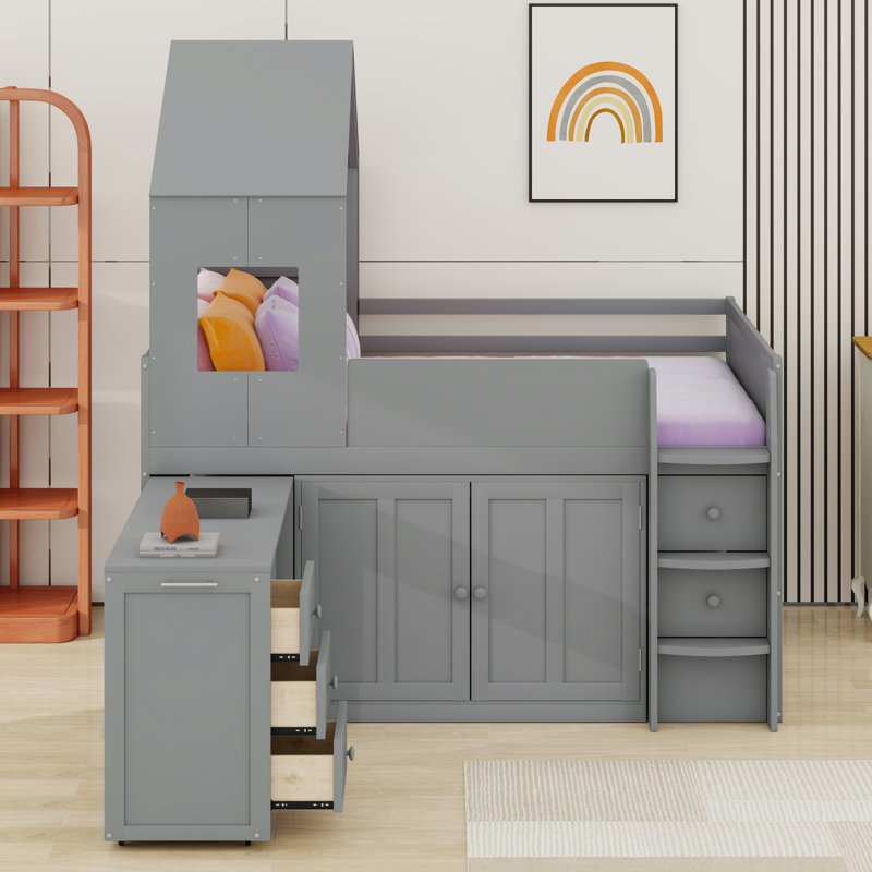 Lit mezzanine complet avec bureau, tiroirs et armoires, Gris