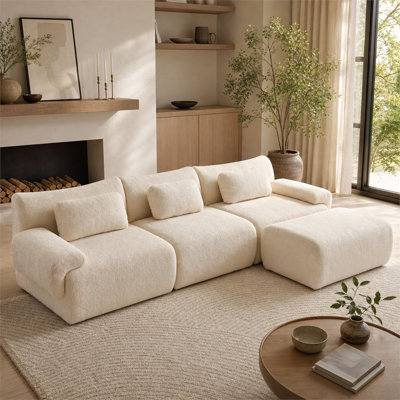 126.2-inch Beige Frameless Modular Sofa, Convertible L-Shaped 4-Seat Sofa Comes with 3 Throw Pillows, No Assembly for Living Rooms