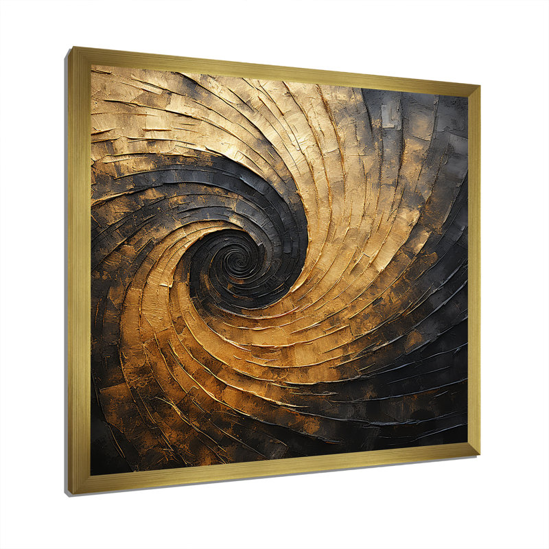 Art sur toile, spirales abstraites dorées et noires, H 30 po x l 30 po x P 1 po, Cadre doré