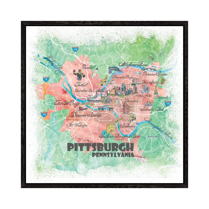 Pittsburgh Pennsylvania Illustrated Map 1 Piece Painting on Canvas, 45.72cm H x 45.72cm W x 3.81cm D, Black Floater Framed