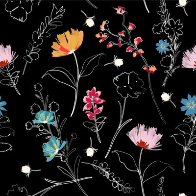 Panneau de papier peint adhésif noir avec contour de fleurs L 10,4 pi x l 25 po