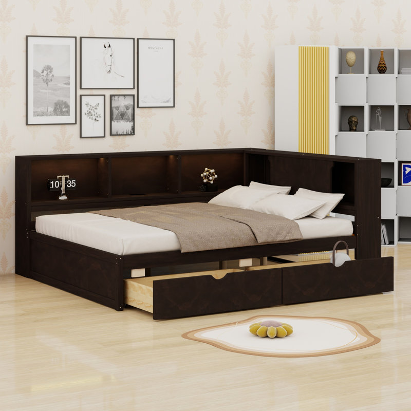 Lit de jour avec tablettes, USB, DEL et 2 tiroirs, idéal pour les chambres à coucher et les salons, Brun