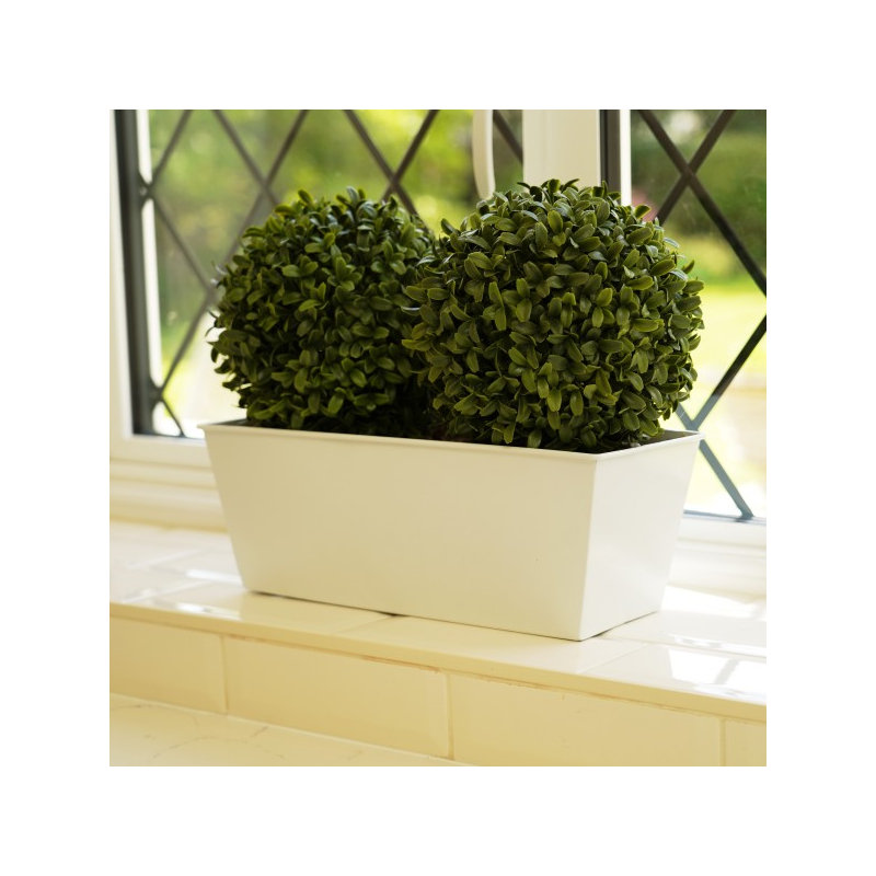 GreenBrokers Artificial Double Ball Boxwood in Straight Black Tin Window Box 35cm/14in, White