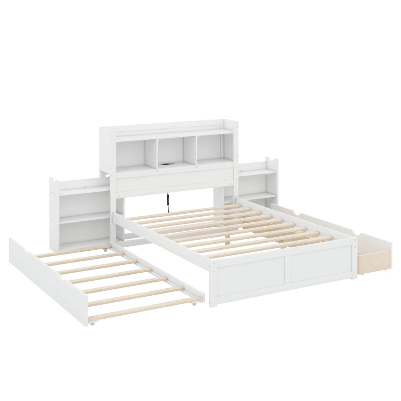Lit plateforme double avec tablettes coulissantes, Blanc