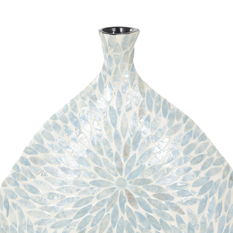 Pragathi Mother of Pearl Shell Handmade Large Mosaic Floral Decorative Light Blue Vase with Cream Underlay