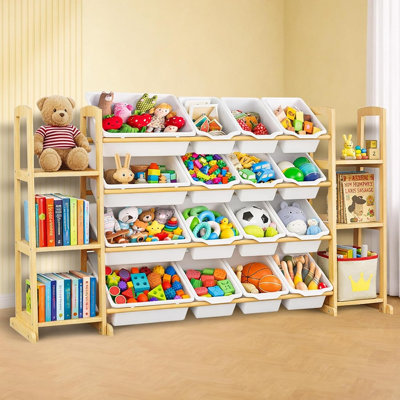 Rangement pour jouets avec bibliothèque, tablette en bois avec 16 bacs et 6 tablettes, support de rangement pour salle de jeux, chambre à coucher, chambre de bébé, blanc