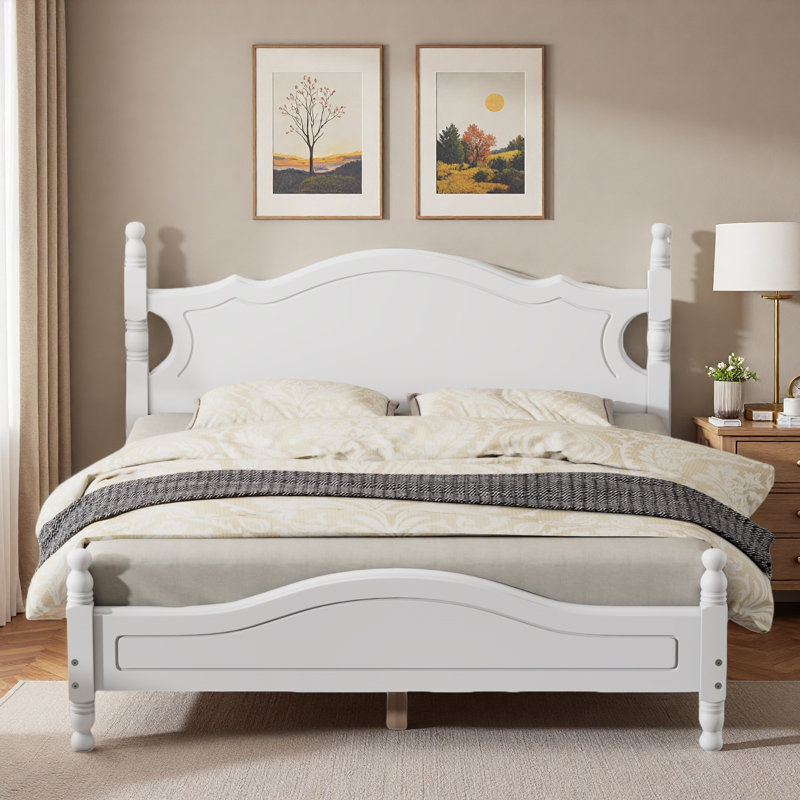 Lit plateforme de style rétro avec support en lattes de bois, Blanc, Grand lit