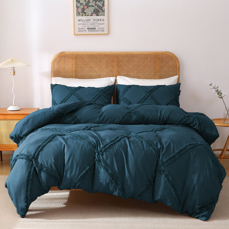 Solayne Boho Tufted Duvet Cover Set – Textured Geometric Pattern, Corner Ties & Zipper Closure, Peacock Blue