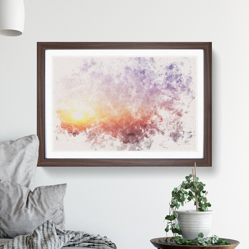 Sunrise Above the Mountains Watercolour - Picture Frame Graphic Art Print, 40cm H x 60cm W x 2cm D, Walnut Framed