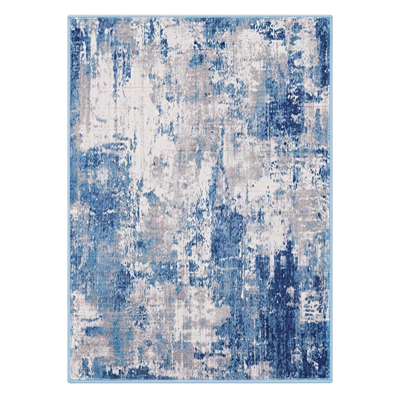 Tapis lavable à la machine à motif abstrait bleu antidérapant, Rectangle 8' x 10'