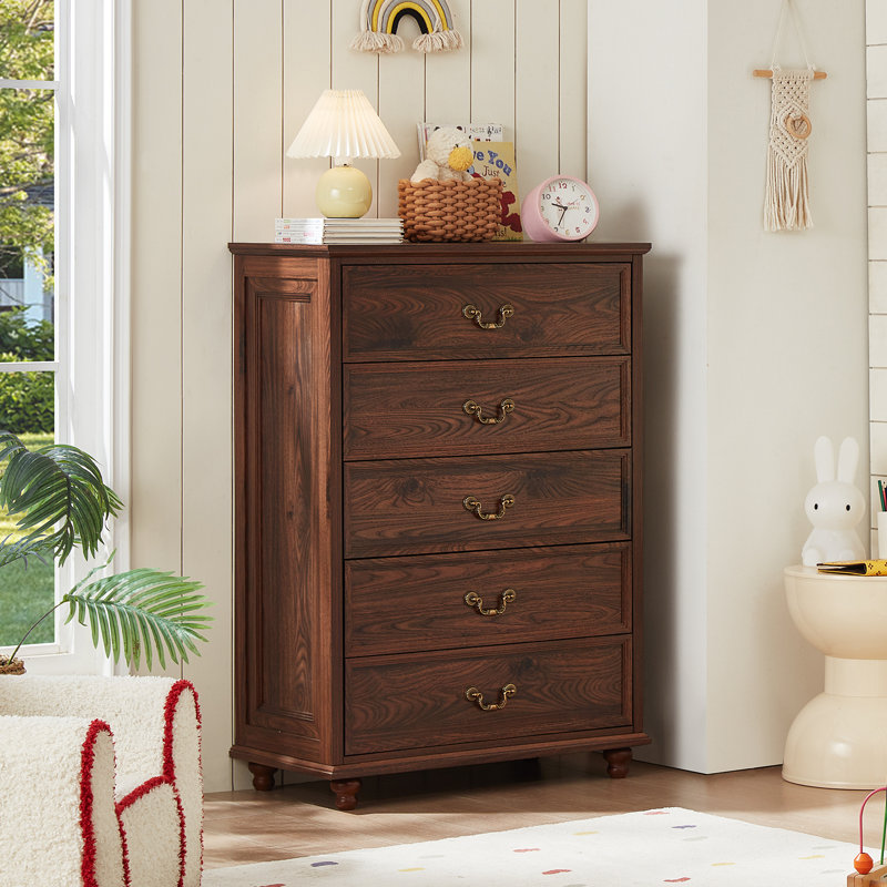 Farmhouse 5 Drawer Dresser For Bedroom, 45" Tall Vinatge Chests Of Drawers W/ 4 Solid Gourd Feet, Mid Century Modern Boho Wood Closet Storage Dressers Organizer For Living Room