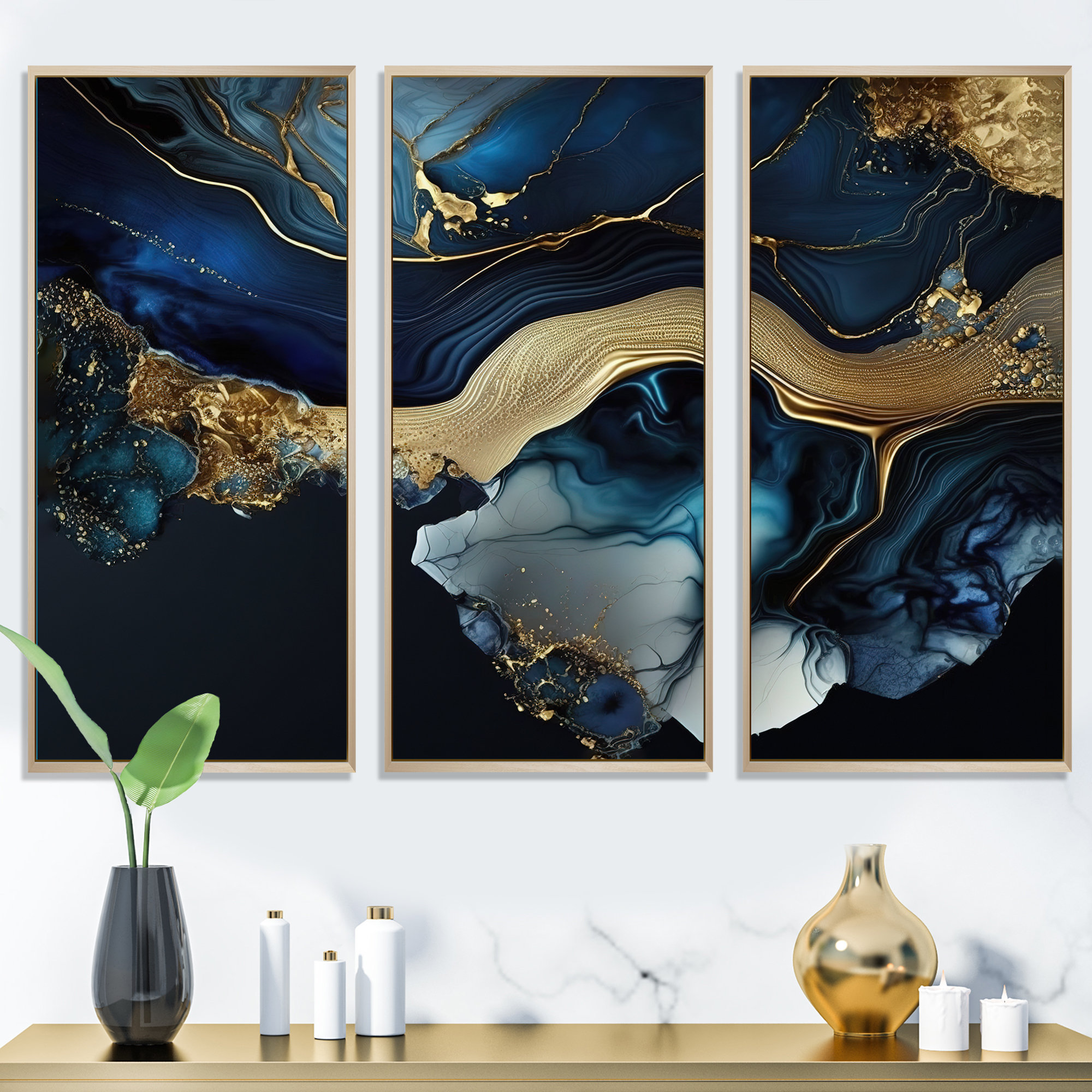 DesignArt Abstract Geode Gold And Blue Marble V On Canvas 3 Pieces ...