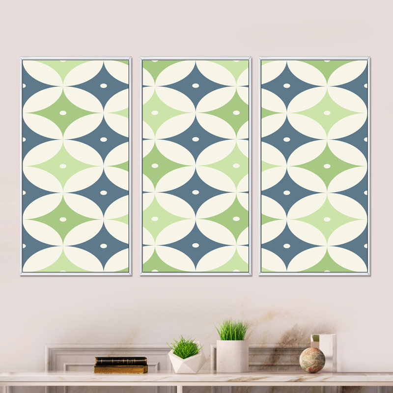 «Retro Geometric Design V», reproduction de cadre photo sur toile 3 pièces, H 32 po x l 48 po x P 1 po, Cadre blanc