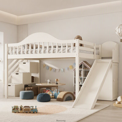 Lit mezzanine double en bois avec escalier de rangement, glissade, garde-robe intégrée et garde-corps haut, beige, structure de lit mezzanine pour enfants