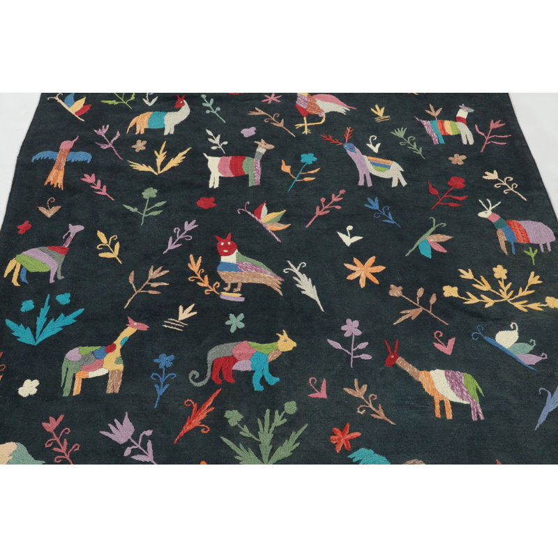 Rug & Kilim’S Suzani-Inspired Kilim, Black With Vibrant Animal Pictorials