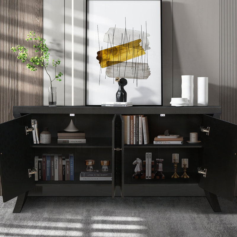 Crédence industrielle raffinée à 4 portes avec rangement avancé et design élégant, Noir