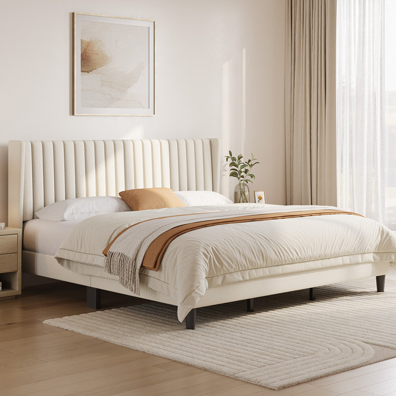 Multi-sized Upholstered Bed Frame with Channel Tufted Headboard, King, Ivory