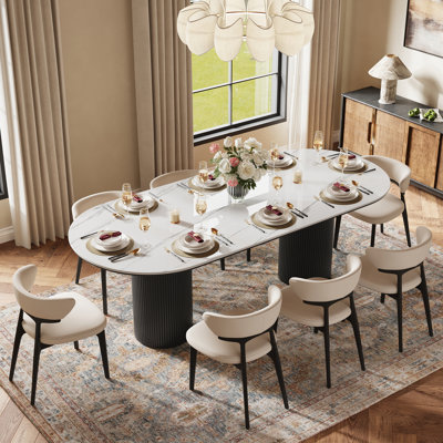 Maxsony 78.74" Mid Century Dining Table with Glossy Stone Tabletop, Rectangular Kitchen Table with Solid Wood Double Pedestal for 8