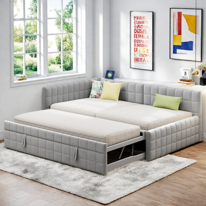 Upholstered L-shaped Daybed With Pop Up Trundle, Usb Ports And Square-block Pattern, Gray