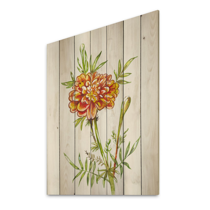 Fleur de souci orange en fleurs - reproduction traditionnelle sur bois, H 20 po x l 12 po x P 1 po