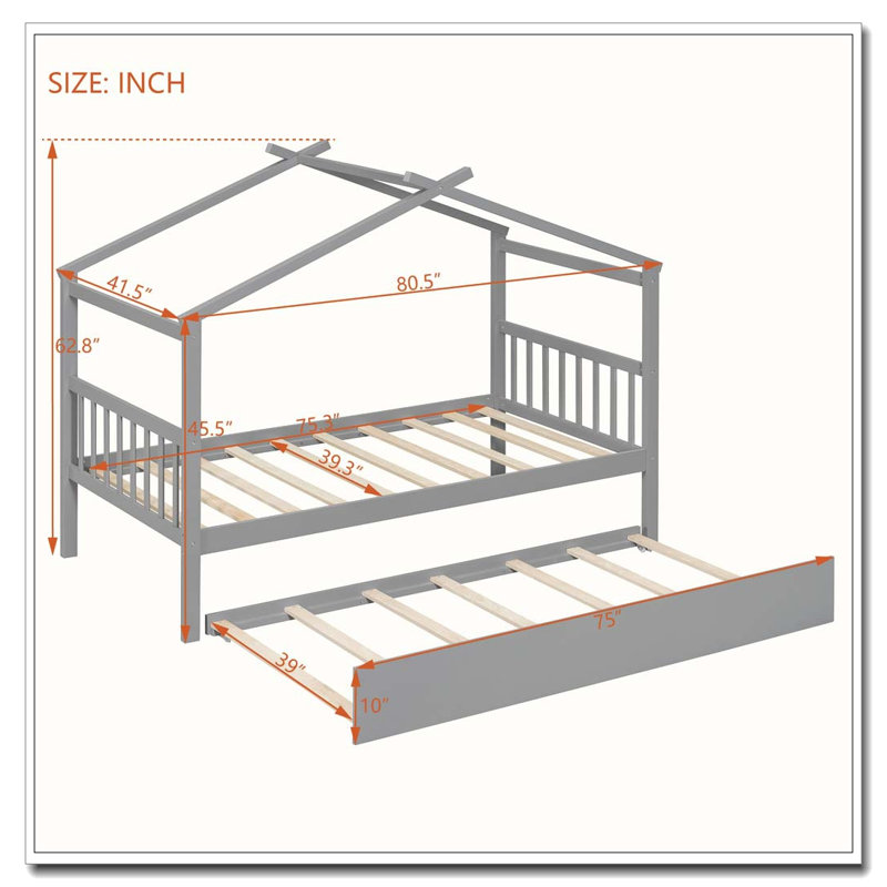 Lit en bois avec lit gigogne simple, gris