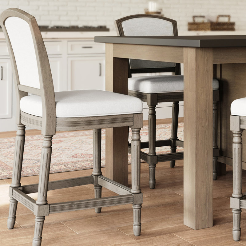 Tabouret de bar de 26 pouces, gris patiné, assise et dossier rembourrés gris, texturé, pour siège de table à hauteur de table de pub, aire de jeu pour la cuisine