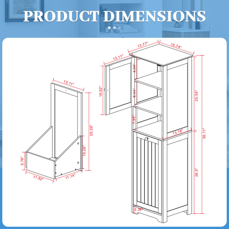 Armoire de rangement pour salle de bain de 55,1 po de hauteur avec panier à linge inclinable et armoire supérieure, armoire à linge autoportante avec tablettes pour salle de bain ou salle de lavage