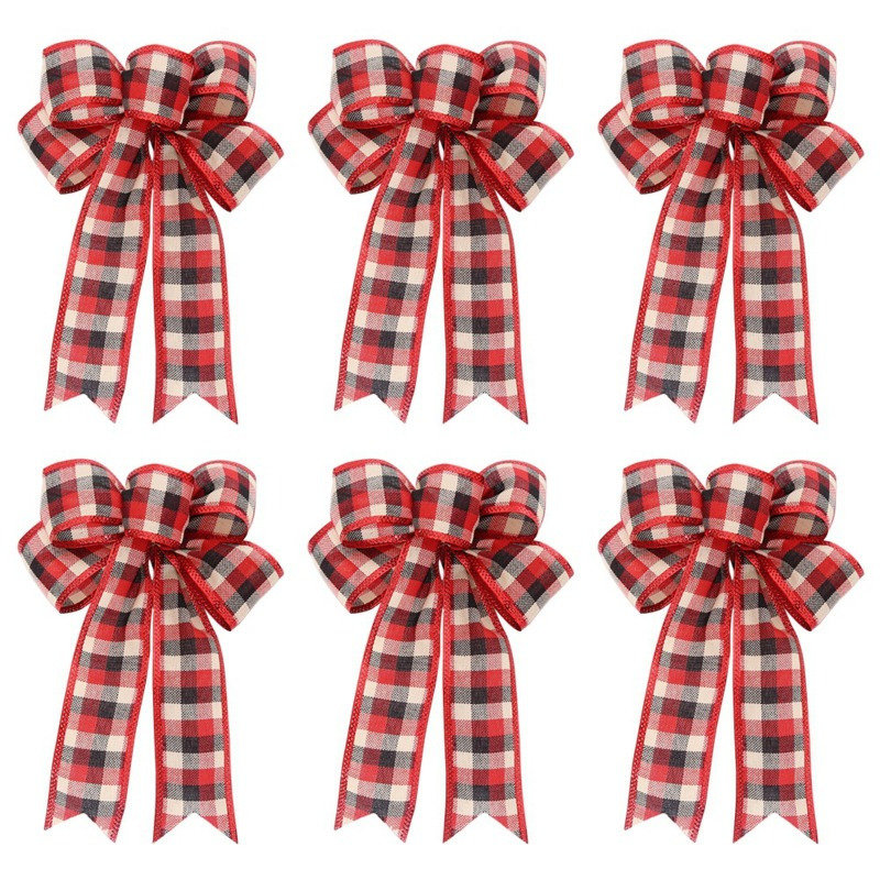 6 pièces décoratives de Noël en toile de jute, nœuds d'arbre de Noël faits à la main, décorations de Noël, carreaux rouges, blancs et noirs