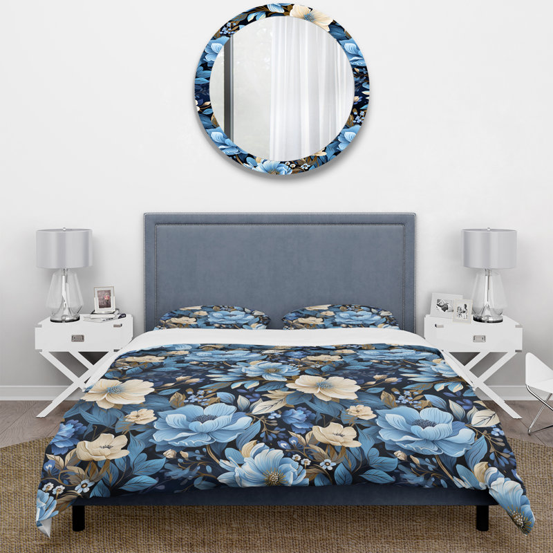 Ensemble de housse de couette Blue And Beige Peonies Boho Pattern II, Housse de couette pour très grand lit et 2 très