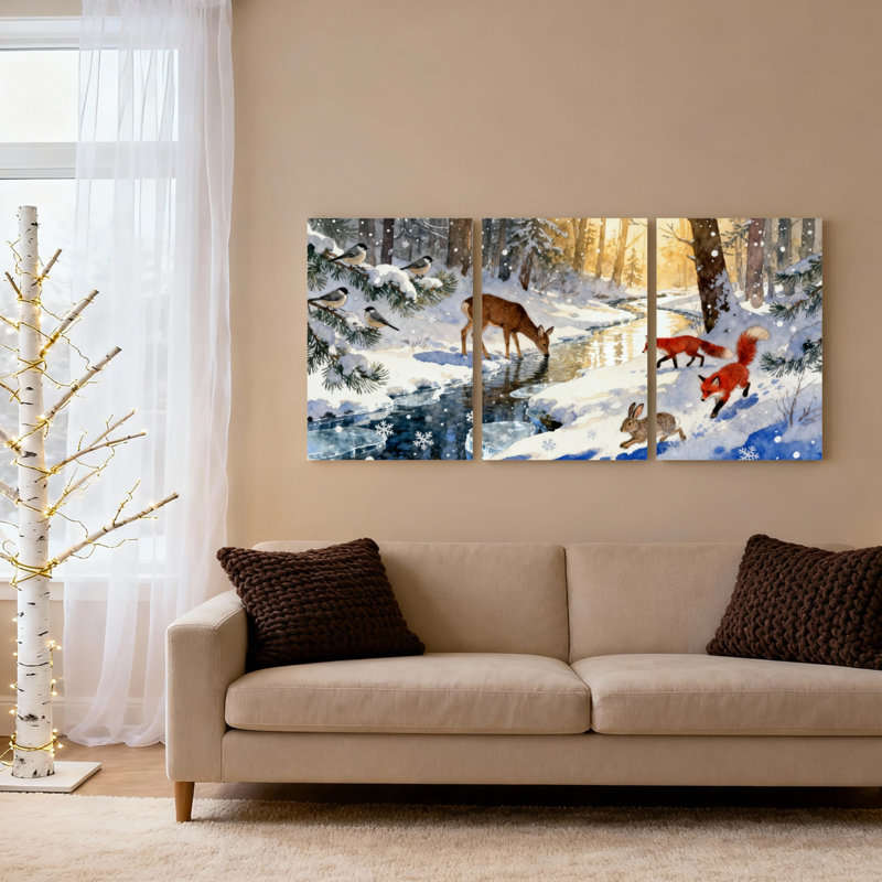 Ensemble de 3 tableaux sur toile tendue représentant des animaux de la forêt hivernale dans un paysage enneigé