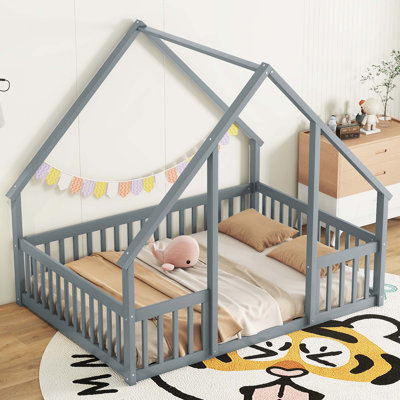 Wood House-Shaped Floor Bed with Fence,Guardrails