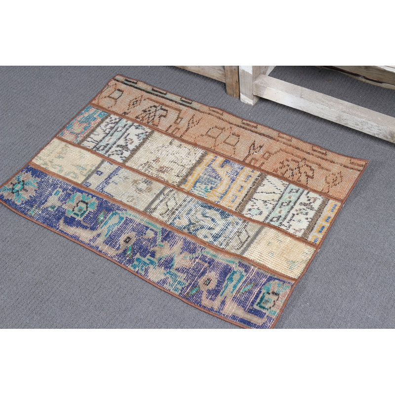 Charming Small Vintage Turkish Patchwork Oushak Rug in Brown Ideal for Entry or Kitchen Accent with Cute Flatweave Design