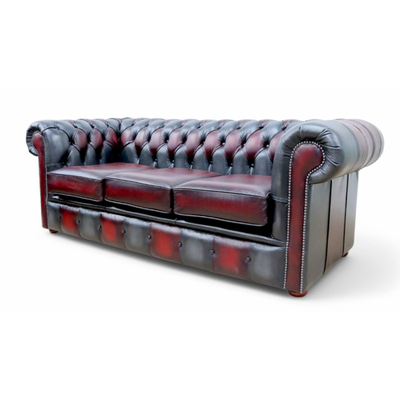3 Seater Genuine Leather Sofa, Brown/Blue