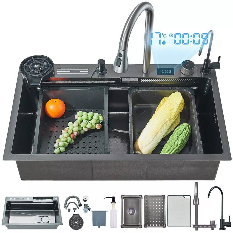Flying Rain Stainles Steel Watefall Kitchen Sink with Pull Down Faucet 29.52inch