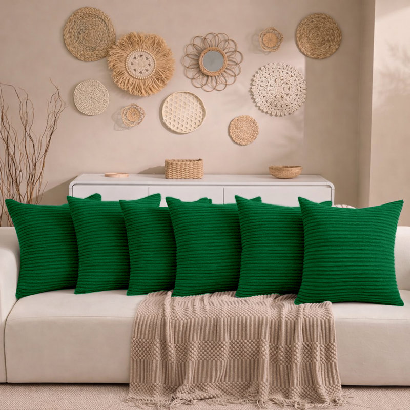 Aspire Homeware Striped Square Velvet Cushion Cover, Emerald, Pack of 6