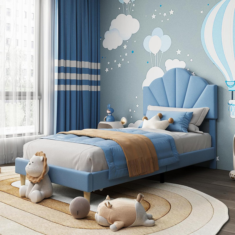 Twin XL Size Blue Velvet Upholstered Platform Bed Frame For Boys Girls With Height Adjustable Headboard Wood Slat Support Easy Assembly No Box Spring Needed