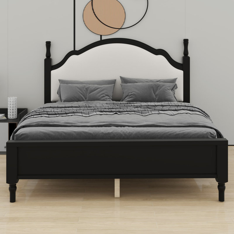 Structure de lit plateforme contemporaine en bois avec tête de lit tapissier, Structure noire + tissu beige