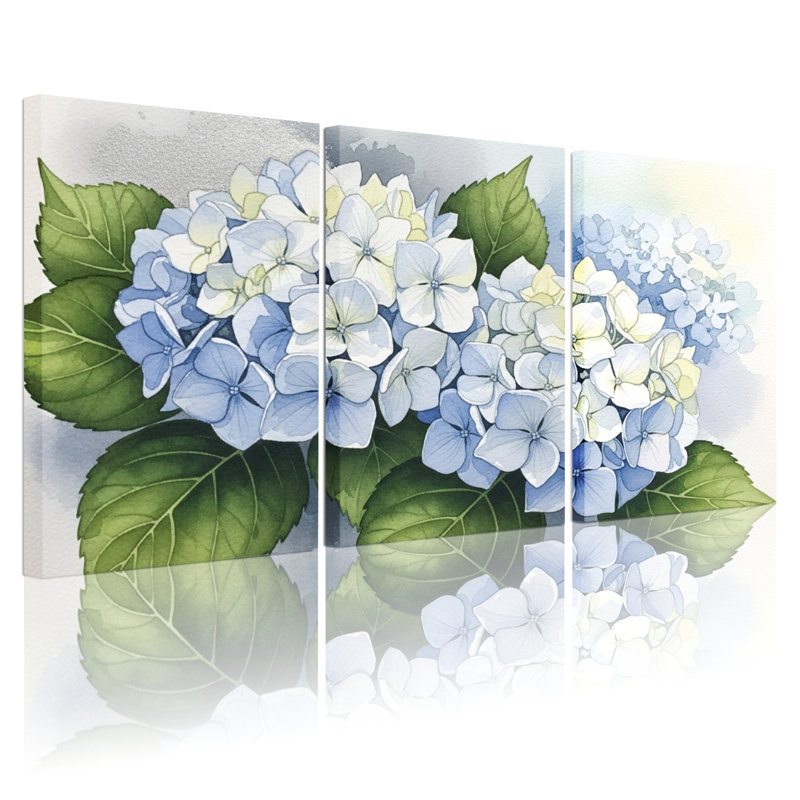 Tableau mural sur toile tendue à motif floral d'hortensias bleus et blancs (ensemble de 3), H 30 po x l 60 po