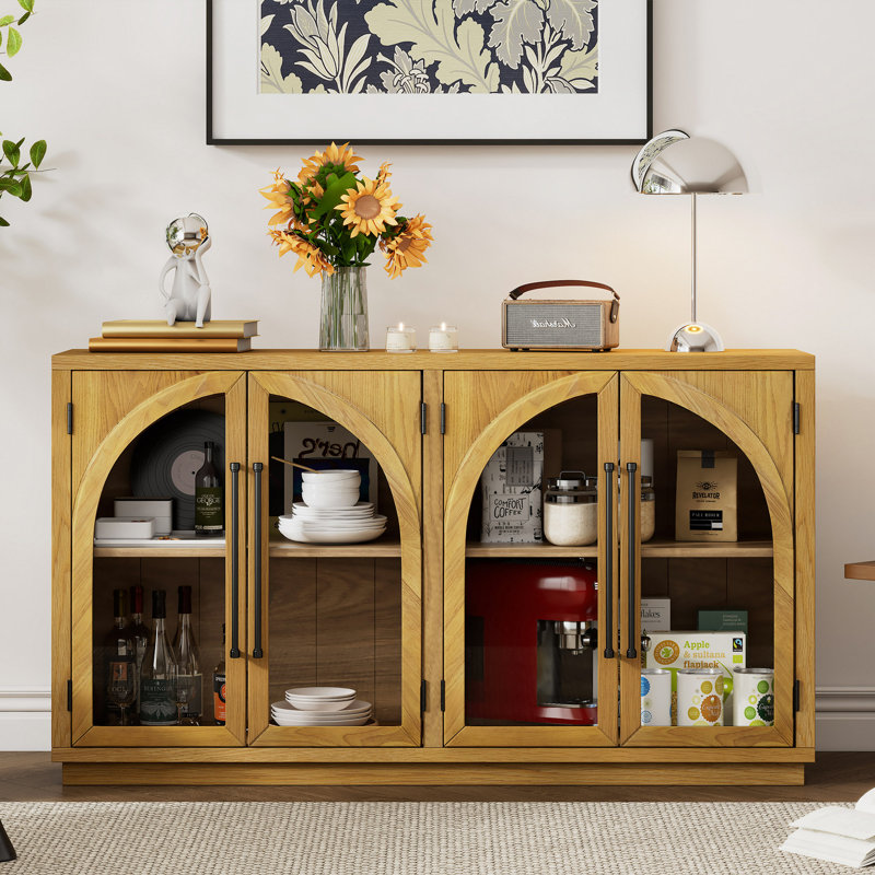 Buffet 4 portes avec rangement et portes vitrées, armoire arquée avec tablettes réglables pour la cuisine, la salle à manger et le salon