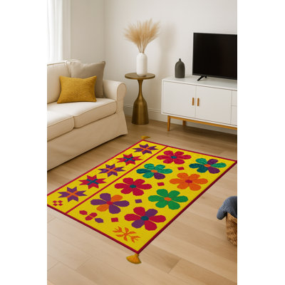 Tapis jaune tissé à motif floral lavable Mosso