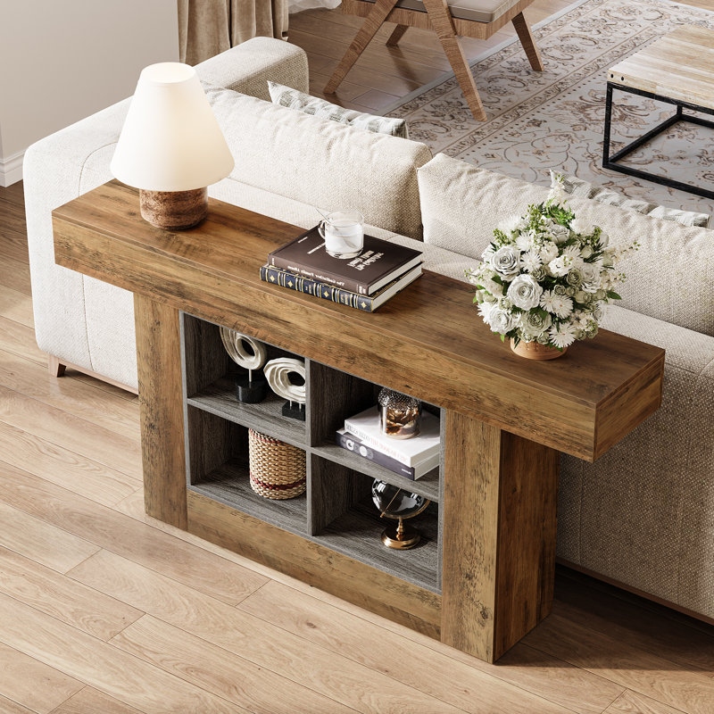 63" Long Console Table, Rustic Entryway Table With 4 Storage Cubes