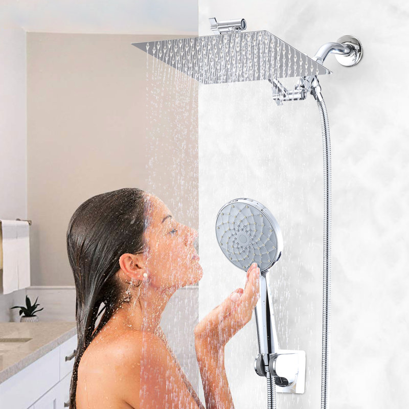 10" Shower : High Rainfall & Handheld With 11" Arm, 6 Spray Patterns, Non-Leaking, Stainless Steel, Wall Mount, Square Shower, Adjustable Water Flow Kit: Settings, Self-Cleaning, Leak Proof, Mounted,