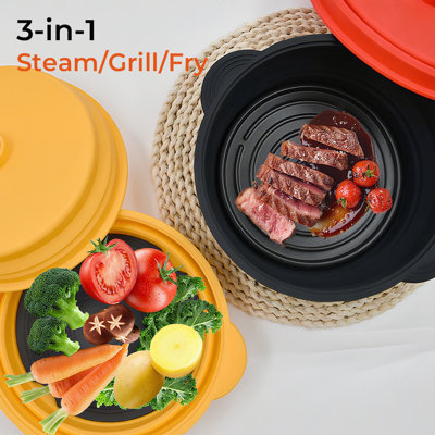 25x21.5x15cm Silicone Multipurpose Microwave Foldable Bowl - 3-in-1 Steamer, Grill & Fry Pan For Chicken Wings, Steak & More - Heat-resistant, Non-stick, Insulated, Perfect For Kitchen & Gifting