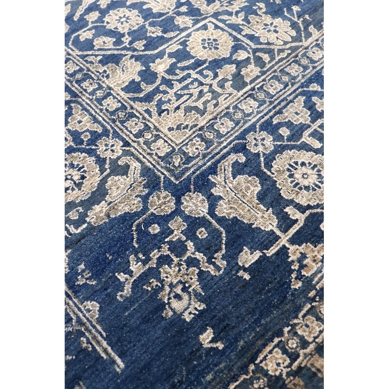 Tapis rectangulaire bleu transitionnel en laine / soie / rayonne de bambou noué à la main, Rectangle 9 pi x 11 pi 10 po