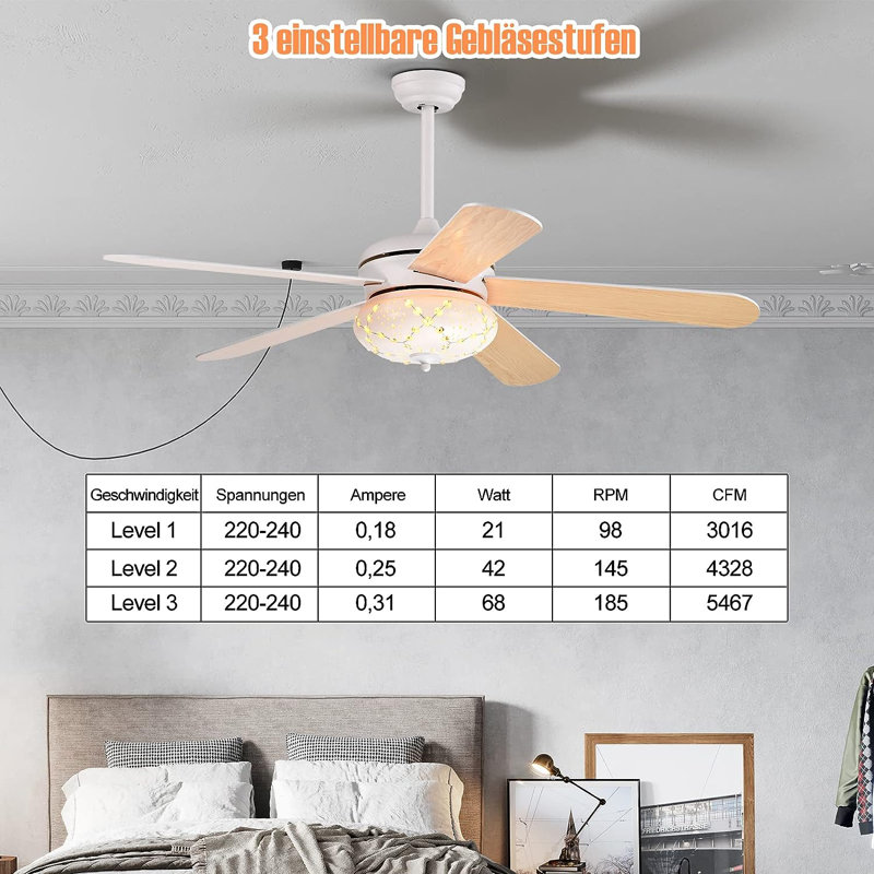 Pyburn Ceiling Fan with Light Kit, Natural brown, White