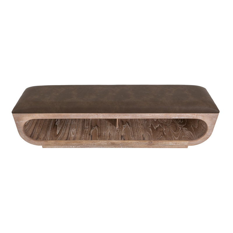 Wooden bench with a cushioned seat and open storage underneath., Brown, Natural