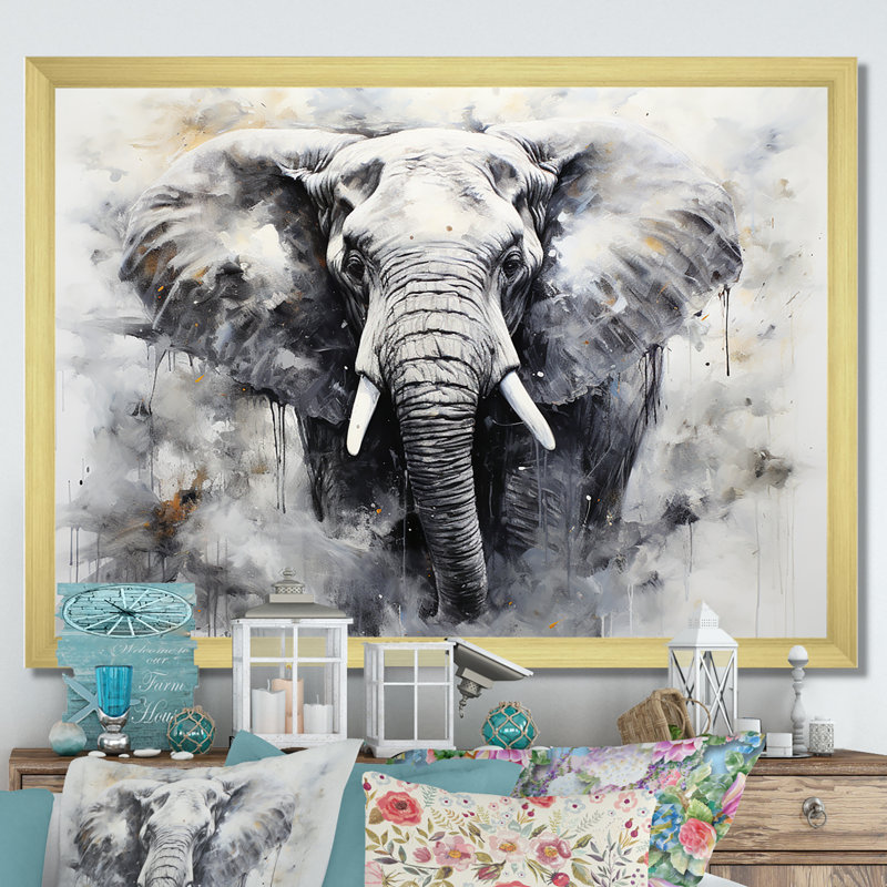 Noir et blanc doux éléphants géants, H 24 po x l 32 po x P 1 po, Cadre doré simple