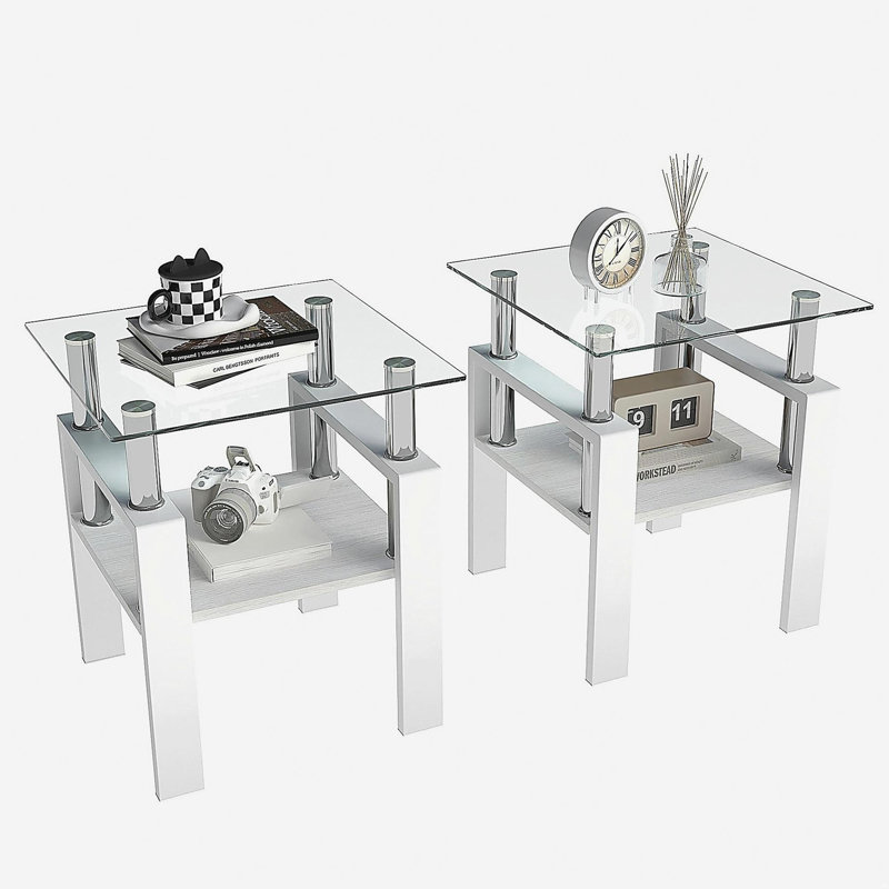 Ensemble de 2 tables à thé modernes en verre trempé, plateau en verre trempé avec panneau de fibres à densité moyenne, table basse, table de bout, table carrée pour le salon, transparent / blanc