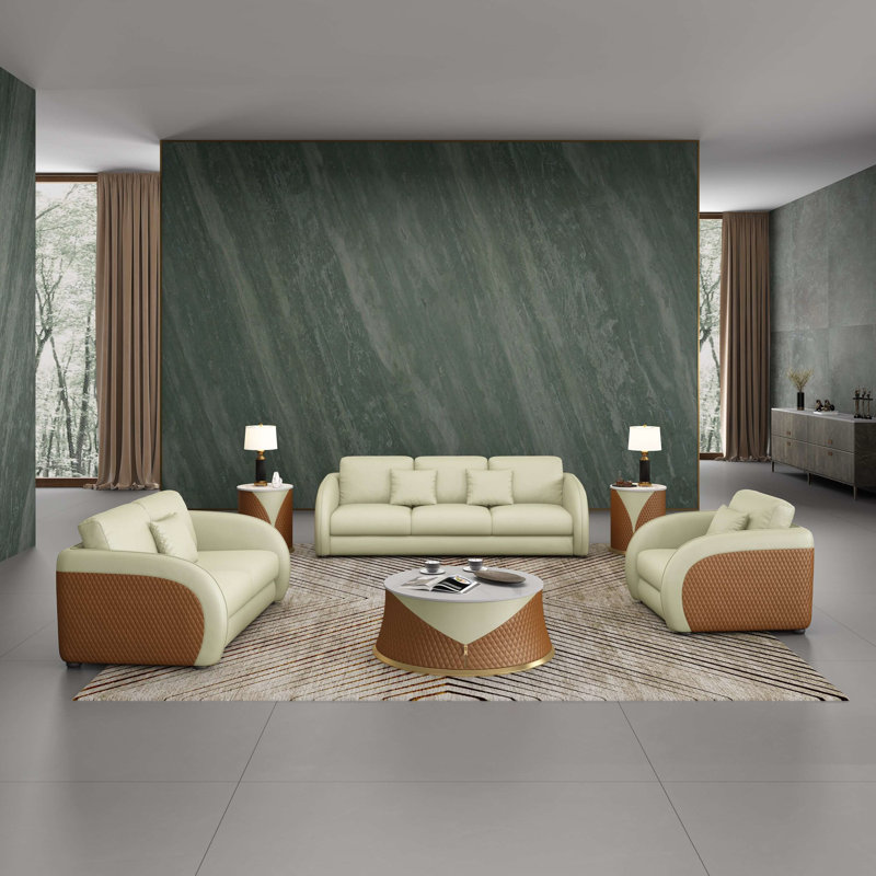 Noir 3 Piece Genuine Leather Living Room Set, Beige/Cognac Genuine Leather