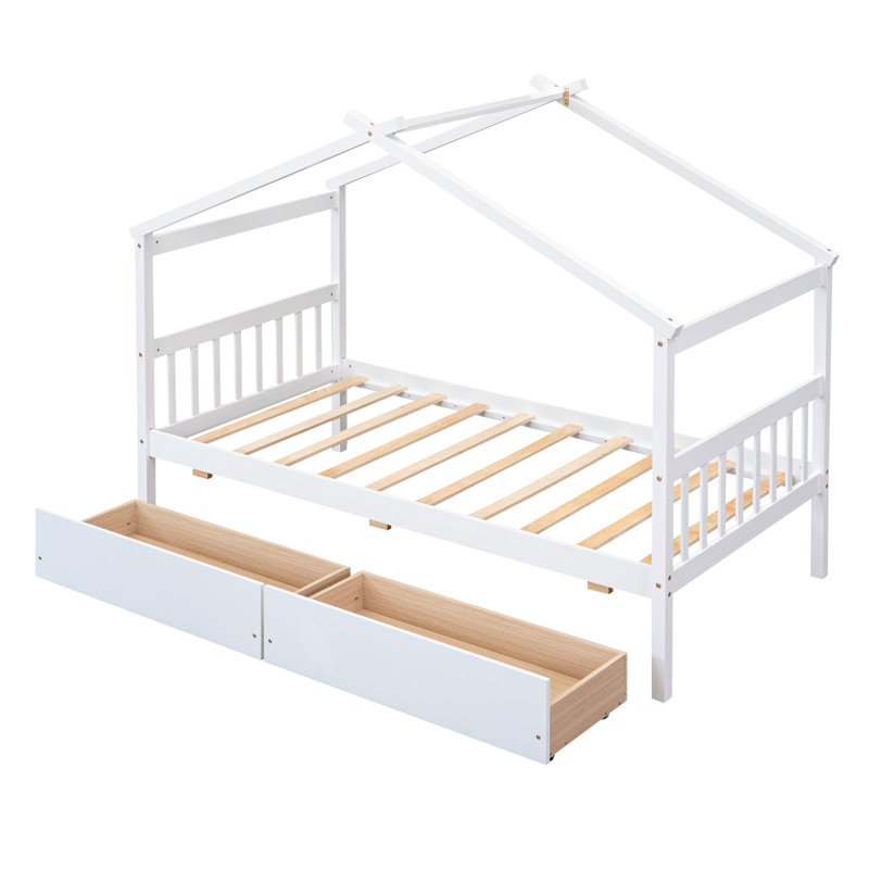 Lit maison en bois avec tiroirs, naturel, Simple, Blanc